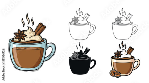 Set of five hand-drawn illustrations of a hot winter drink with whipped cream, cinnamon, and star anise in color, line art, and silhouette styles,