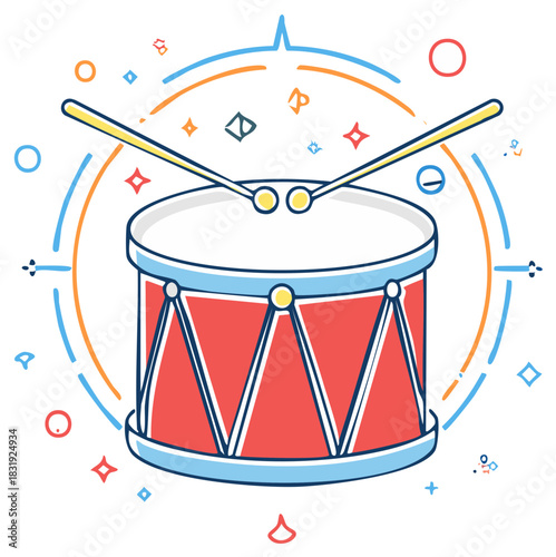 Red snare drum with drumsticks vector icon for music rhythm and band performance