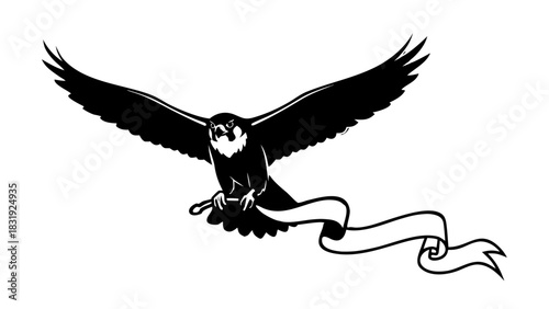 Black vector silhouette of a wild eagle in flight with wings spread on a white background, symbolizing freedom and nature