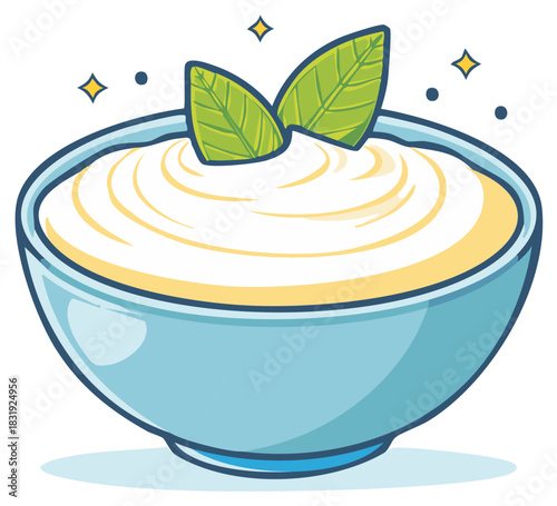 Cartoon illustration of creamy dessert in blue bowl with mint sprigs, sparkles