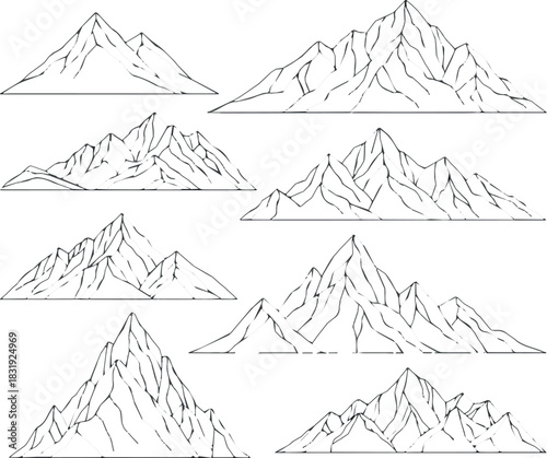 Create kinds set of mountain line cad, minimal isolated on white background.