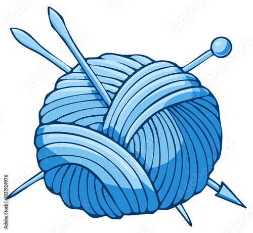 Blue Yarn Ball with Knitting Needles Craft Project Handmade Fiber Art Wool Ball