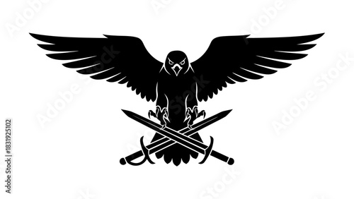 Black vector silhouette of an eagle flying with wings, a symbol of wildlife and nature illustration design