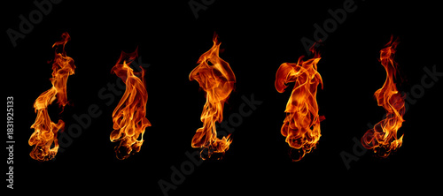 Dynamic isolated fire flames on a black background, showcasing vivid orange and red textures ideal for energy, heat, danger, and dramatic visual effects in creative design projects.