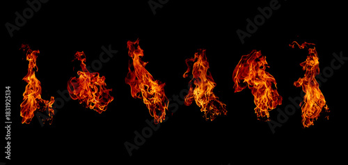 Dynamic isolated fire flames on a black background, showcasing vivid orange and red textures ideal for energy, heat, danger, and dramatic visual effects in creative design projects.
