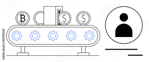Currency coins on a conveyor belt with gears, representing digital wallet operations and financial transactions. Ideal for blockchain, cryptocurrency, fintech, global trading, digital banking