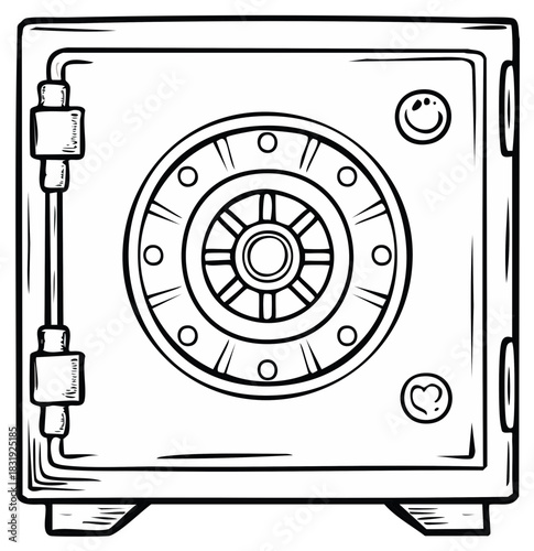 Cartoon Safe Line Art Illustration with Combination Dial Lock for Security and Protection Concepts