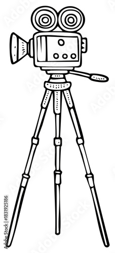 Retro film camera on a tripod illustration line art
