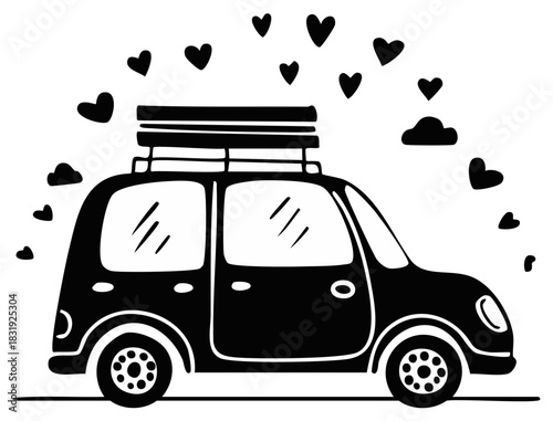 Romantic road trip illustration of a cute car with luggage and hearts
