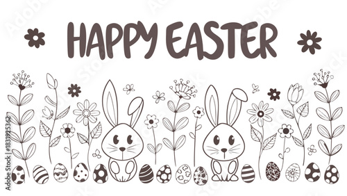 Happy easter greeting with cute bunnies decorative eggs and whimsical floral elements in a charming hand drawn outline style perfect for spring celebrations