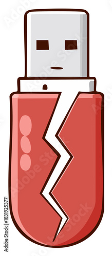 Cartoon Broken Red USB Stick with Jagged Crack and Face Illustrating Digital Failure