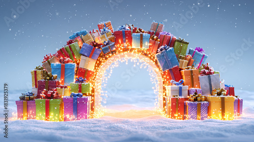Christmas arch made entirely of colorful gift boxes, vibrant and glossy wrapping paper, festive ribbons and bows, surrounded by glowing fairy lights and snow front