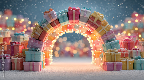 Christmas arch made entirely of colorful gift boxes, vibrant and glossy wrapping paper, festive ribbons and bows, surrounded by glowing fairy lights and snow front