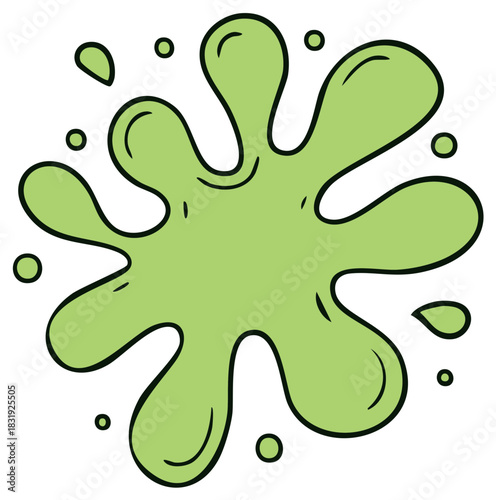 Green Slime Splatter Blob with Droplets and Bubbles Cartoon Art