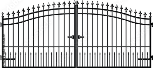 Black Wrought Iron Gate Vector Illustration, Ornate Arched Metal Fence Entrance with Fleur-de-lis Spikes, Security Barrier Artwork.