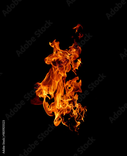 Dynamic isolated fire flames on a black background, showcasing vivid orange and red textures ideal for energy, heat, danger, and dramatic visual effects in creative design projects.