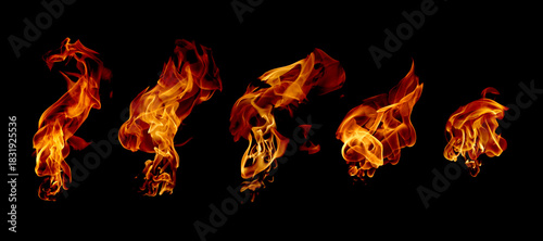 Dynamic isolated fire flames on a black background, showcasing vivid orange and red textures ideal for energy, heat, danger, and dramatic visual effects in creative design projects.