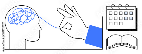 Hand unwinding tangled thoughts from brain, alongside a monthly calendar and an open book. Ideal for productivity, mental health, time management, education, mindfulness, planning, self-improvement