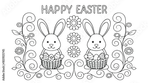 Happy easter coloring page featuring two cute bunnies holding baskets filled with decorated eggs surrounded by floral elements and swirls