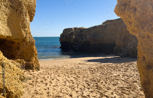 Rocky seashore. View of Praia da Vigia beach in Albufeira, Portugal, Europe