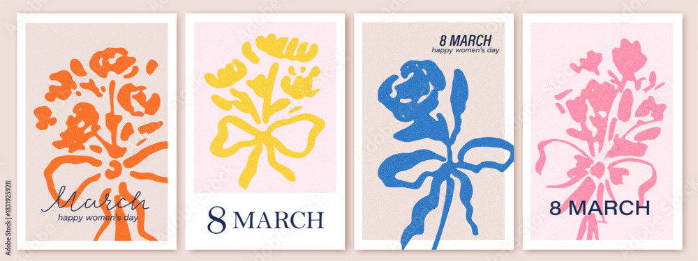 Naklejka premium Spring flowers bouquets. 8 March, women's day, mother's day holiday cards set. Bright colorful botanical background, pattern. Hand drawn flowers, bouquet with bows