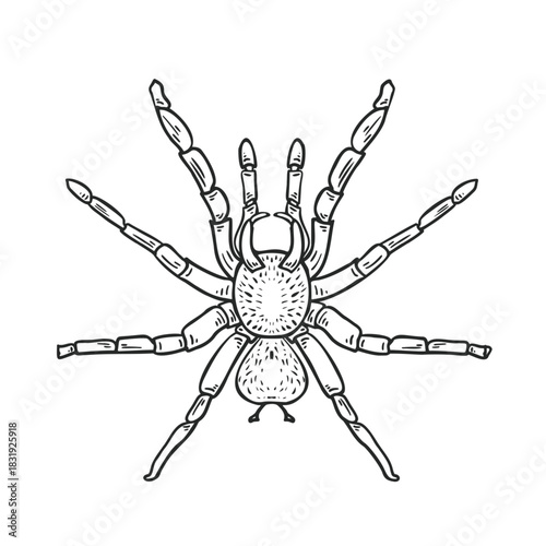 Hand drawn sketch cartoon spider graphic for Halloween or horror style. Scary insect isolated vector illustration for kids coloring book. Tarantula outline drawing. Pet of terrarium black white art.