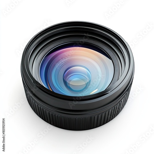 Close-up of a black camera lens, circular, with multi-colored inner lens elements