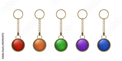A set of gold keychains with a ring, chain, and round pendant in various bright colors.