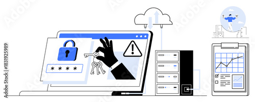 Hacking attempt with keys, lock on laptop, and warning sign. Cloud, server, and analytics chart. Ideal for cybersecurity, data protection, digital threats IT data storage analytics innovation