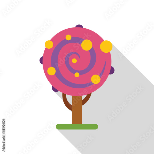 Pink lollipop tree with spiral and yellow spots growing on grass in a fantasy world