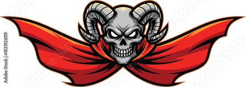 Aggressive horned skull with red cape emblem for gaming, fantasy, gothic, horror, mascot, tattoo, and dark branding themes
