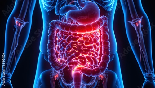 Vibrant 3D rendering of human digestive system anatomy for medical education, showcasing colon, stomach, and intestines in glowing detail for science resources