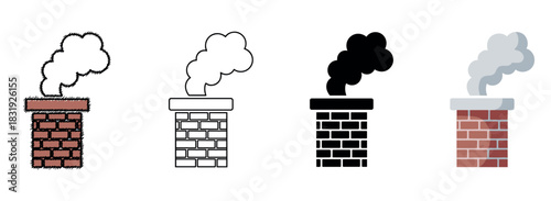 Set of four brick chimney icons with smoke presented in different artistic styles like scribble, outline, solid glyph, and flat cartoon, for design