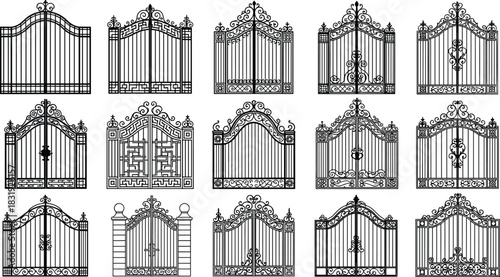 Collection of vintage forged iron gate silhouettes, ornamental black metal fence and house entrance doors with curved decorative elements, vector illustration set.