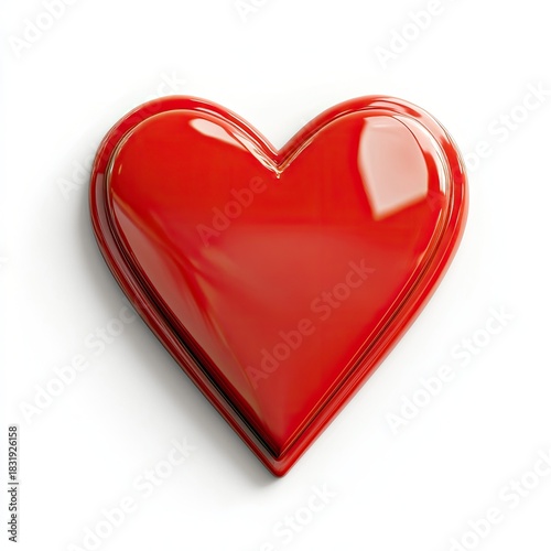 A glossy, vibrant red heart shape, seemingly 3D rendered, sits centered against a plain white background.  The heart has a smooth, reflective surface,  and rounded edges