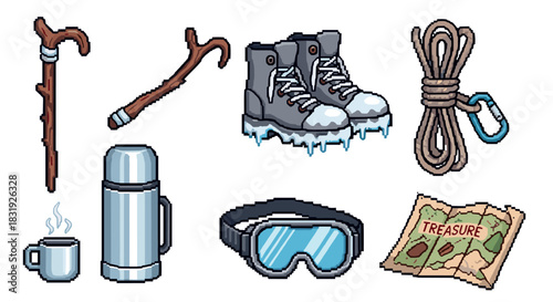 Pixel art set of winter adventure items including icy boots, a treasure map, rope, thermos, and goggles for a retro video game,