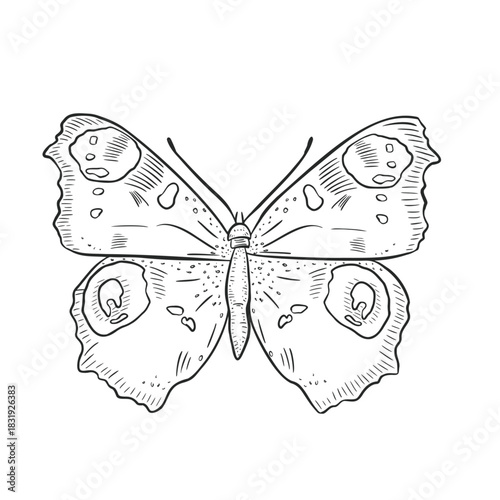 Hand drawn peacock eye butterfly vector black white illustration. Decorative butterfly with eye spots outline for adult coloring book or artistic tattoo. Butterfly engraving for nature concept design.
