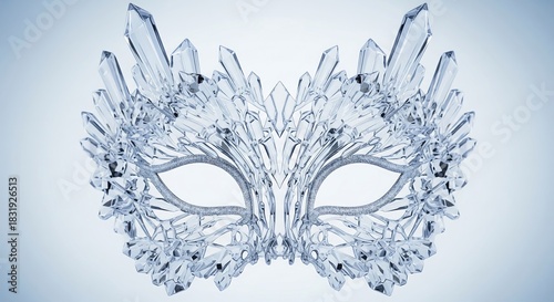 A transparent ice-like masquerade mask sculpted from acrylic to resemble frozen crystals, isolated on a light blue background.