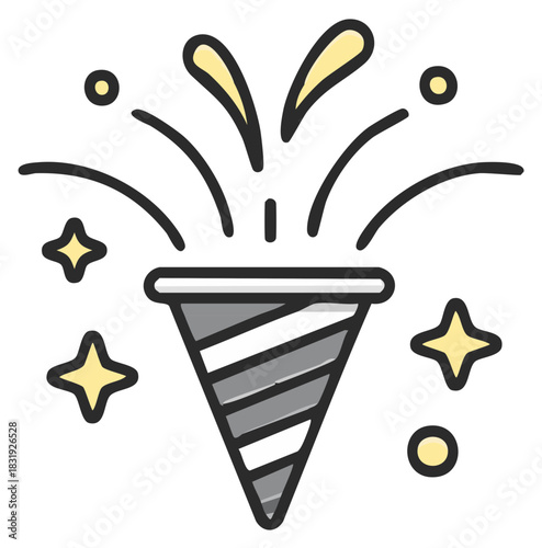 Festive party popper illustration bursts with celebratory confetti and star accents for a joyful celebration