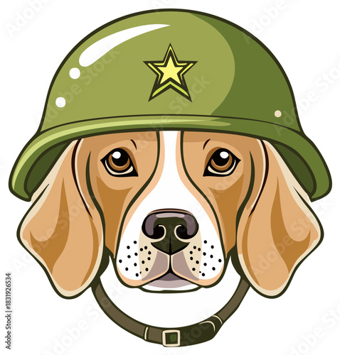 Cartoon Beagle Dog Wearing Military Helmet with Star Insignia Vector Illustration