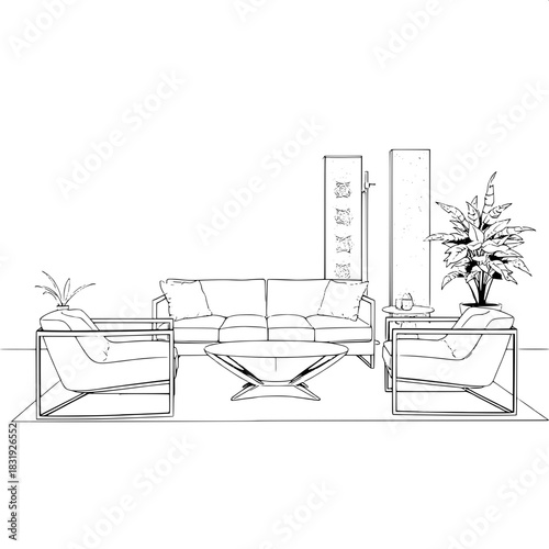 Monochrome technical perspective drawing of a stylish living room, featuring a sleek low-profile sofa with clean lines, paired armchairs with minimalist frames, a sculptural coffee table with geometri