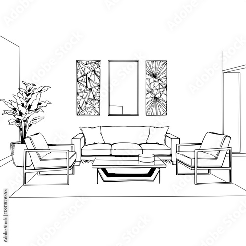 Monochrome technical perspective drawing of a stylish living room, featuring a sleek low-profile sofa with clean lines, paired armchairs with minimalist frames, a sculptural coffee table with geometri