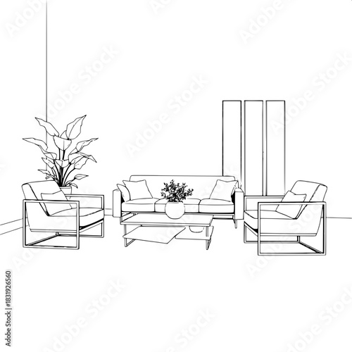 Monochrome technical perspective drawing of a stylish living room, featuring a sleek low-profile sofa with clean lines, paired armchairs with minimalist frames, a sculptural coffee table with geometri