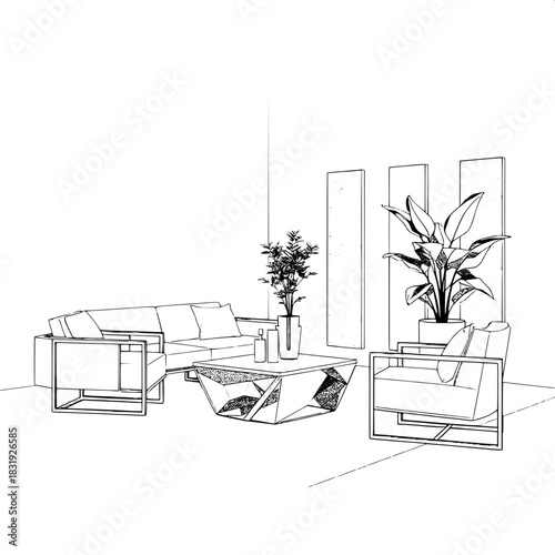 Monochrome technical perspective drawing of a stylish living room, featuring a sleek low-profile sofa with clean lines, paired armchairs with minimalist frames, a sculptural coffee table with geometri