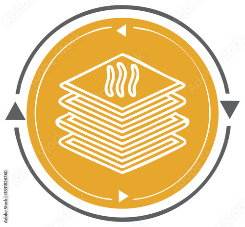 Symbolic Layered Material Stack Depiction with Thermal Heat Flow in Circular Arrow Pattern