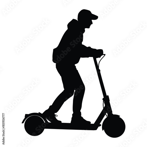 Person on Electric Scooter Silhouette, Modern Urban Mobility, Eco-Friendly Transportation Vector Icon, Black Silhouette of a Person Riding a Motorized Scooter, Fast and Green City Commuting.