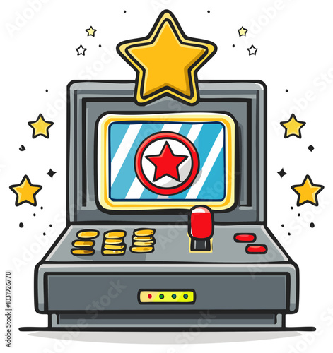 Doodle style slot machine illustration with stars, golden coins, joystick, and winning screen