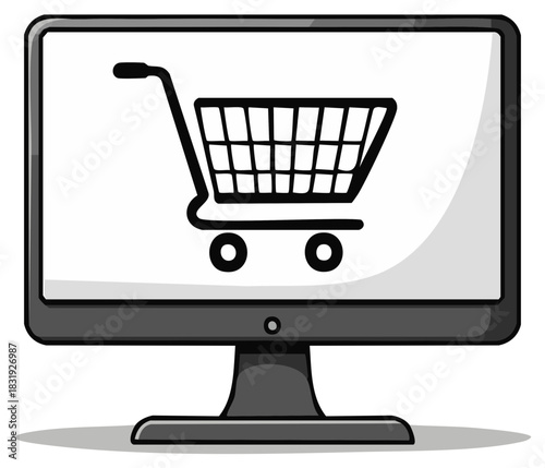 Online shopping cart icon displayed on a modern computer monitor screen representing digital commerce and retail