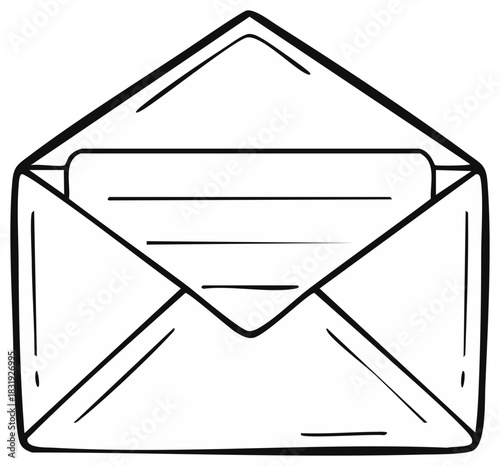 Open envelope with a letter inside black and white line art illustration cartoon doodle style