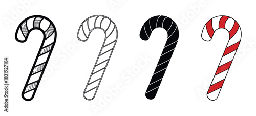 Four candy cane icons in different graphic styles including outline, silhouette, engraved doodle, and classic red and white color, presented as a festive holiday set isolated on white